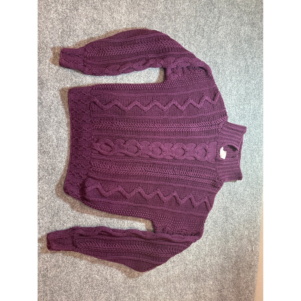 Talbots Vintage Purple Cable Knit Sweater 100% Cotton Mock Neck Chunky Large